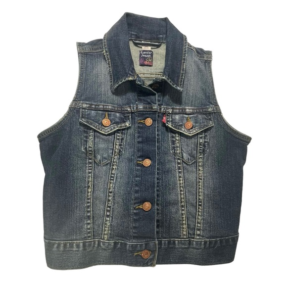 Levis Jean Jacket Denim Trucker Vest Small 90s Boho Indie Festival Cowgirl Y2K - Picture 2 of 16